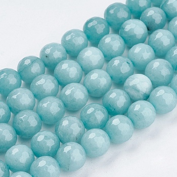 Natural Jade Bead Strands, Dyed, Faceted, Round, Pale Turquoise, 10mm, Hole: 1mm, 38pcs/strand, 14.5 inch