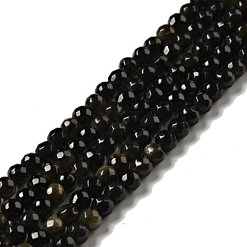 Natural Golden Sheen Obsidian Beads Strands, Round, Faceted, 4mm, Hole: 1mm, about 90~93pcs/strand, 13.58''~14.57''(34.5~37cm)