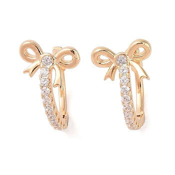 Brass with Clear Cubic Zirconia Hoop Earring, Bowknot, Golden, 15x10x13.5mm