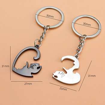 Alloy Couples Keychain, Cat, Gunmetal & Platinum, Pendant: 3.1x2.5~2.7cm