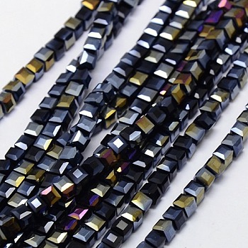 Electroplate Glass Bead Strands, AB Color Plated, Faceted, Cube, Black, 6x6x6mm, Hole: 1mm, about 99pcs/strand, 21 inch