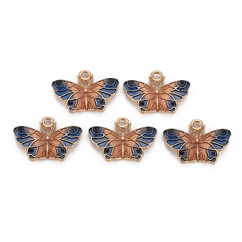 Alloy Enamel Pendants, Light Gold, Cadmium Free & Nickel Free & Lead Free, Butterfly, Prussian Blue, 15x22x3mm, Hole: 1.6mm