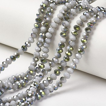 Electroplate Opaque Glass Beads Strands, Half Green Plated, Faceted, Rondelle, Light Grey, 8x6mm, Hole: 1mm, about 65~68pcs/strand, 15.7~16.1 inch(40~41cm)