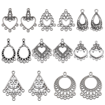 48Pcs 8 Style Tibetan Style Alloy Chandelier Component Links, Kite/Heart/Rhombus, Antique Silver, 26.5~39x15.5~29x1~2.5mm, Hole: 1.2~2.5mm, 6pcs/style