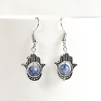 Natural Crystal Stone Hamsa Hand & Round Dangle Earrings, Handmade Sweet Ear Jewelry, Platinum, Blue