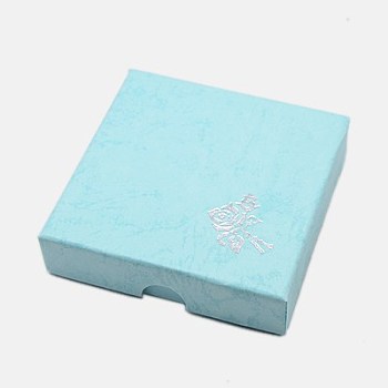 Cardboard Bracelet Boxes, with Sponge inside, Rose Flower Pattern, Square, Pale Turquoise, 90x90x22~23mm
