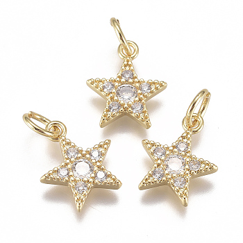 Brass Micro Pave Cubic Zirconia Charms, with Jump Ring, Long-Lasting Plated, Pentagram Star, Clear, Real 18K Gold Plated, 12x10x2mm, Hole: 3mm