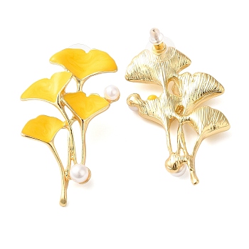 Alloy with Enamel Ear Studs, Leaf, Golden, Yellow, 53x32mm