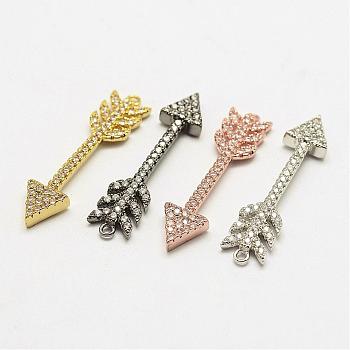Brass Micro Pave Cubic Zirconia Pendants, Arrow, Cadmium Free & Lead Free & Nickel Free, Mixed Color, 34x8x3mm, Hole: 1.2mm