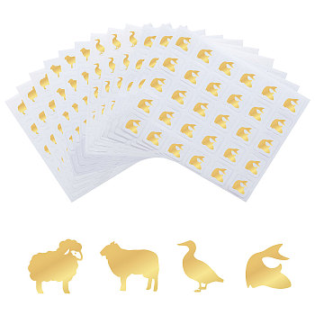 80 Sheets 4 Patterns PVC Waterproof Self-Adhesive Sticker Sets, Cartoon Decals for Gift Cards Decoration, Gold Color, Animal Pattern, 100x78x0.1mm, Stickers: 12x12mm, 30pcs/sheet, 20 sheets/pattern