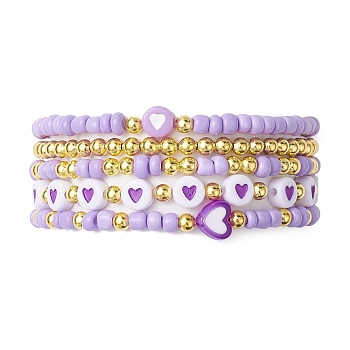 5Pcs 5 Styles Heart Acrylic & Glass Seed Beaded Stretch Bracelet Sets, Stackable Bracelets for Women, Lilac, Inner Diameter: 2~2-3/8 inch(5.2cm), 1pc/style