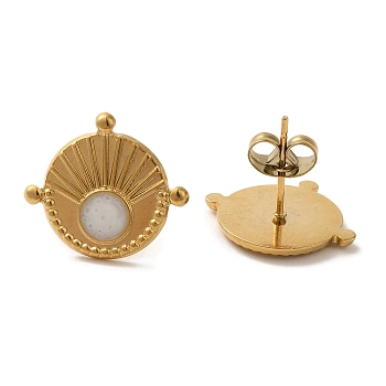 Ion Plating(IP) 304 Stainless Steel Flat Round Stud Earrings, wtih Enamel, Real 18K Gold Plated, 14.5x16mm