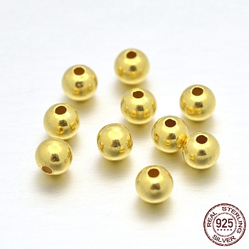 Real 24K Gold Plated Sterling Silver Round Beads, 2mm, Hole: 0.7~1mm