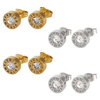 8Pcs 2 Colors 304 Stainless Steel Flat Round Stud Earrings, with Rhinestone, Mixed Color, 8mm, 4pcs/color