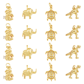 16Pcs 4 Style Brass Micro Pave Cubic Zirconia Animal Pendants, Lead Free & Cadmium Free, Long-Lasting Plated, Dinosaur/Elephant/Rabbit/Turtle, Real 18K Gold Plated, 14~18.5x11~18x2.5~5mm, Hole: 3~3.6mm, 4pcs/style