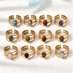 304 Stainless Steel Cuff Open Rings, Oval, with Gemstone Beads, Ion Plating(IP), Golden, 13mm, Inner Diameter: 18mm(RJEW-F213-03G)