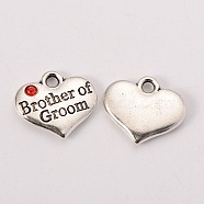 Wedding Party Supply Antique Silver Alloy Rhinestone Heart Carved Word Brother of Groom Wedding Family Charms, Cadmium Free & Lead Free, Hyacinth, 14x16x3mm, Hole: 2mm(X-TIBEP-N005-26B)