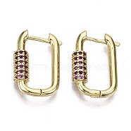 Brass Micro Pave Cubic Zirconia Huggie Hoop Earring, Oval, Nickel Free, Real 16K Gold Plated, Medium Violet Red, 22x15x5mm, Pin: 1.3mm(EJEW-T046-010D-NF)