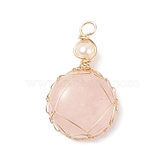 Natural Rose Quartz Pendants, with Golden Tone Copper Wire Wrapped and Natural Cultured Freshwater Pearl, Oval, 34x21x8mm, Hole: 3.7mm(PALLOY-JF01556-04)