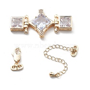 Brass & Cubic Zirconia & Glass Watch Band Clasps, with Chain Extender and Lobster Claw Clasps, Rhombus with Square, Clear, 21.5x43.5x6.5mm, Hole: 1.3mm(KK-G523-03G-01)