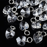 Faceted Transparent Glass Charms, with Iron Jump Ring, Heart, Clear, 13~14x10x5~6mm, Hole: 4mm(GLAA-T024-04L)