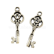 Tibetan Style Alloy Skeleton Key Pendants, Cadmium Free & Lead Free, Antique Silver, 28.3x10x2.5mm, Hole: 2mm(X-TIBEP-Q043-014-RS)