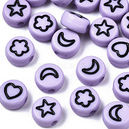 Opaque Acrylic Beads, with Enamel, Flat Round with Heart & Star & Moon & Flower, Lilac, 7x4mm, Hole: 1.5mm, about 3670pcs/500g(MACR-N008-33E)