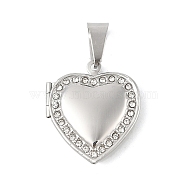 304 Stainless Steel Rhinestone Locket Pendants, Heart, Stainless Steel Color, 24x21x6mm, Hole: 8.5x5mm(STAS-U040-17P)