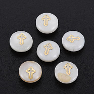 Natural Freshwater Shell Beads, with Golden Plated Brass Metal Embellishments, Flat Round with Cross, Seashell Color, 8x3.5mm, Hole: 0.7mm(SHEL-S278-053)