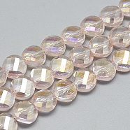 Electroplate Glass Beads Strands, Rainbow Plated, Faceted, Flat Round, Pink, 8x5mm, Hole: 1.2mm, about 69~72pcs/strand, 21.26 inch(EGLA-Q098-A04)