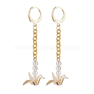 Origami Crane Brass Chain Dangle Earrings with Acrylic Beads, 304 Stainless Steel Leverback Earrings for Women, Golden, 58x22mm(EJEW-JE05887)