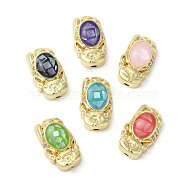 Brass Micro Pave Cubic Zirconia Beads, with Enamel & Shell, Long-Lasting Plated, Lead Free & Cadmium Free, Real 18K Gold Plated, Cat, Mixed Color, 16.5x10x5mm, Hole: 1.5mm(KK-K385-001G)