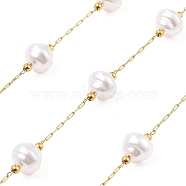 Ion Plating(IP) 304 Stainless Steel Paperclip Chains, Soldered, with ABS Imitation Pearl Beads, Oval, Real 18K Gold Plated, 8.5x7.5mm, about 16.40 Feet(5m)/Roll(CHS-P018-03D-G)