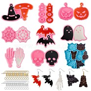 DIY Halloween Theme Dangle Earring Making Kits, Bat & Hat & Ghost & Spider Web Pendant Silicone Mold, 200Pcs 2 Colors Iron Open Jump Rings and Brass Earring Hooks, Mixed Color, 32~111x38~104x5~6mm, hole: 1.8~3mm(DIY-SZ0004-59)