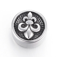 304 Stainless Steel Beads, Flat Round with Fleur De Lis, Antique Silver, 10x6mm, Hole: 2mm(STAS-E425-013AS)