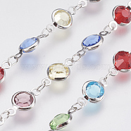 Handmade Brass Link Chains with Glasses Beads, Platinum, Colorful, 6.5mm, about 32.8 Feet(10m)/roll(CHC-R131-02)