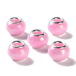 Opaque Brass Cores Acrylic European Beads, Round, Large Hole Bead, Silver, Pearl Pink, 14x10mm, Hole: 5mm(OACR-M024-04S-01)