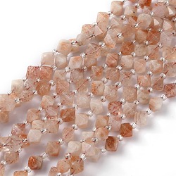 Natural Sunstone Beads Strands, Faceted, with Seed Beads, Bicone, 10x10.5x10.5mm, Hole: 0.8mm, about 31pcs/strand, 15.75 inch(40cm)(G-Z014-11)
