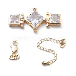 Brass & Cubic Zirconia & Glass Watch Band Clasps, with Chain Extender and Lobster Claw Clasps, Rhombus with Square, Clear, 21.5x43.5x6.5mm, Hole: 1.3mm(KK-G523-03G-01)