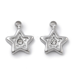 304 Stainless Steel Pendants, with Rhinestone, Star, Stainless Steel Color, 8.5x7x1mm, Hole: 0.9mm(STAS-Z121-59P)