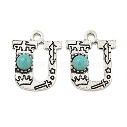 Synthetic Turquoise & Alloy Pendants, Letter Charms, Antique Silver, Letter U, 24.5x19.5x4.5mm, Hole: 3mm(PALLOY-H146-01AS-U)