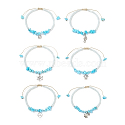 Ocean Theme Synthetic Turquoise Anklets Set, with Glass Beads and Tibetan Style Zinc Alloy Charms, Inner Diameter: 2-1/2~3-5/8 inch(6.5~9.1cm), 6pcs/set(AJEW-AN00506)