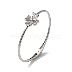 Rack Plating Brass Pave Clear Cubic Zirconia Clover & Heart Hinged Bangles, Lead Free & Cadmium Free, Long-Lasting Plated, Platinum, Inner Diameter: 2-1/4x2-1/8 inch(5.8x5.3cm)(BJEW-H616-01P)