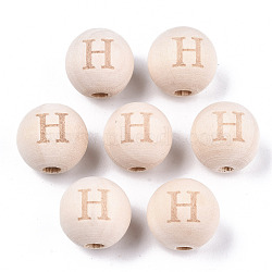 Unfinished Natural Wood European Beads, Large Hole Beads, Laser Engraved Pattern, Round with Word, Letter.H, 15~16x14~15mm, Hole: 4mm(WOOD-S045-143A-01H)