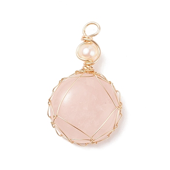 Natural Rose Quartz Pendants, with Golden Tone Copper Wire Wrapped and Natural Cultured Freshwater Pearl, Oval, 34x21x8mm, Hole: 3.7mm