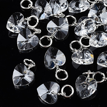 Faceted Transparent Glass Charms, with Iron Jump Ring, Heart, Clear, 13~14x10x5~6mm, Hole: 4mm