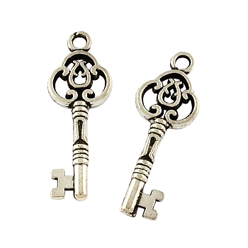 Tibetan Style Alloy Skeleton Key Pendants, Cadmium Free & Lead Free, Antique Silver, 28.3x10x2.5mm, Hole: 2mm