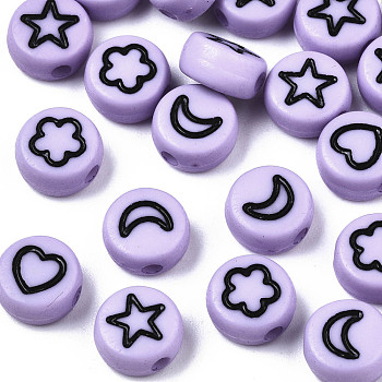 Opaque Acrylic Beads, with Enamel, Flat Round with Heart & Star & Moon & Flower, Lilac, 7x4mm, Hole: 1.5mm, about 3670pcs/500g