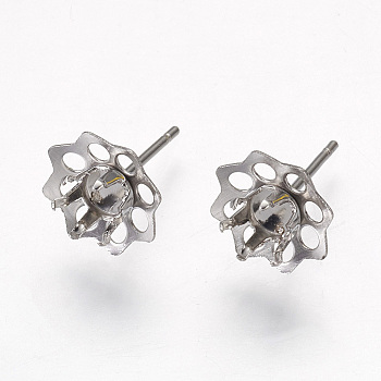 304 Stainless Steel Ear Stud Components, Flower, Stainless Steel Color, 15.5mm, Flower: 10~10.5x4.5mm, Tray: 4mm, Pin: 0.7mm