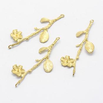 Brass Peg Bails Pendants, For Half Drilled Beads, Lead Free & Cadmium Free & Nickel Free, Plum Blossom Branch, Raw(Unplated), 40x15x1.5mm, Hole: 1mm, Pin: 0.5mm
